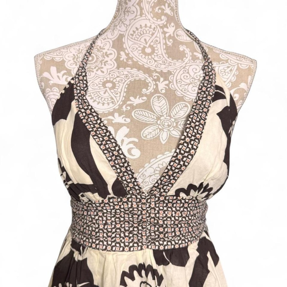 Y2K Floral Halter Dress Brown White Boho Print Summer Party Midi Size 7 - Picture 2 of 8